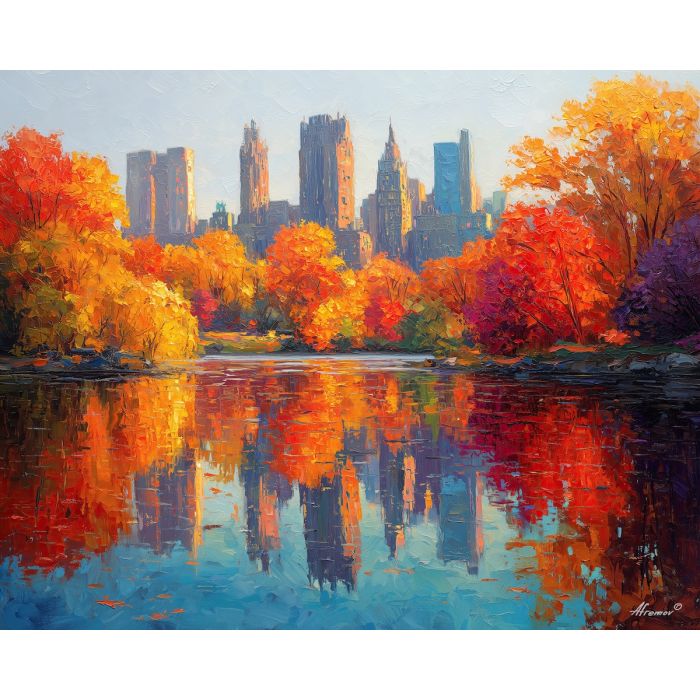 Central Park fall, autumn trees NYC, Manhattan skyline reflection, red and gold foliage, New York park, autumn lake mirror, palette-knife reflections, city park in fall, bright leaves New York, skyline and trees, seasonal cityscape USA, orange and red canopy, reflective water, iconic NYC park, autumn colors, urban nature scene, fiery foliage, calm lake surface, fall in New York, city and nature blend