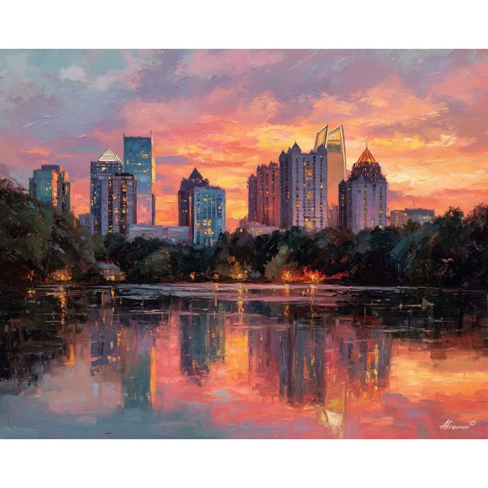 Atlanta Midtown skyline, peach sunset sky, coral city light, Georgia cityscape, reflective lake, urban park water, palette-knife skyline, Southeast US city, glowing towers, warm evening colors, midtown reflection scene, Atlanta landmark view, city lake reflection, skyscrapers at sunset, soft peach horizon, southern city art, park and skyline blend, evening light on towers, bright pastel sky, Atlanta sunset painting