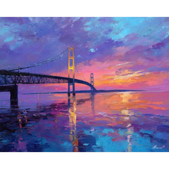 Mackinac Bridge, Michigan landmark, dawn sky, pink and blue horizon, calm Great Lakes water, long suspension span, Upper Peninsula view, palette-knife bridge, northern sunrise scene, straits reflections, iconic Midwest structure, soft dawn colors, tranquil lake scene, early morning light, engineering landmark USA, quiet water surface, pastel sky tones, Great Lakes landscape, northern bridge art, Michigan coast