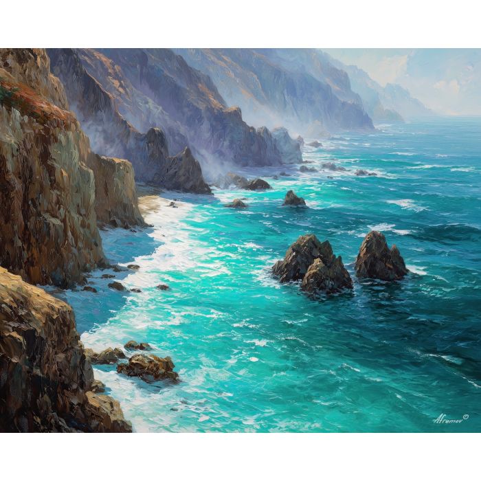 Big Sur cliffs, California coastline, turquoise Pacific waves, sea mist, rugged shore USA, dramatic ocean cliffs, palette-knife seascape, foaming surf, rocky headlands, West Coast shore, coastal fog, scenic Highway 1 view, wild Pacific scene, sheer cliff faces, ocean spray light, iconic California coast, blue-green sea, steep shoreline, natural seascape art, misty horizon