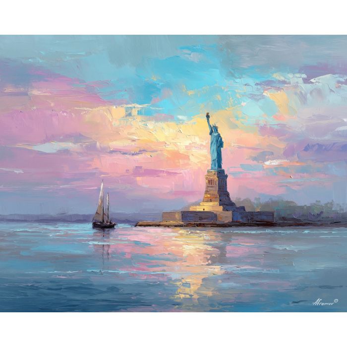 Statue of Liberty, sunrise harbor, golden dawn light, New York icon, Liberty Island, pastel sky, harbor reflections, landmark NYC, morning glow, palette-knife sky, patriotic landmark, soft dawn colors, NYC sunrise, maritime horizon, iconic America, glowing copper statue, calm harbor water, pink and blue sunrise, US monument, liberty statue painting