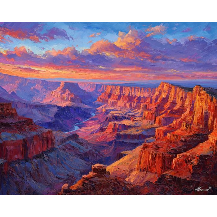 Grand Canyon, red rock cliffs, blazing sunset canyon, sandstone layers, amber glow, canyon rim view, Arizona landscape, USA national park, dramatic gorge, palette-knife rocks, warm canyon colors, sunset sky, deep canyon shadows, towering cliffs USA, iconic Southwest scenery, fiery ridge lighting, layered sandstone, national park art, glowing canyon, red-orange rock