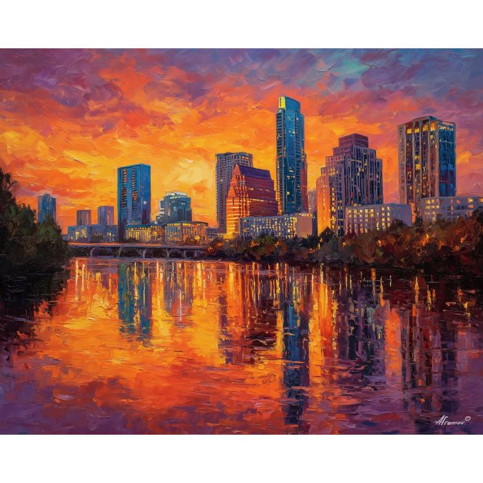 Austin skyline, Congress Avenue bridge, Lady Bird Lake reflections, Texas sunset colors, orange city glow, Texas skyline, palette-knife reflections, downtown Austin, warm sunset skyline, modern Texas city, lake reflections sunset, Southwest cityscape, warm orange light, Austin bridges, vibrant skyline, Texas landmark, urban sunset, glowing buildings USA, bat bridge scene, Austin city art