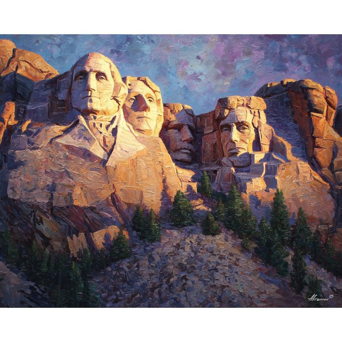 Mount Rushmore, granite monument, carved presidents, South Dakota landmark, evening glow, rugged cliffs, patriotic USA site, warm sunset stone, mountain sculpture, palette-knife granite, iconic America, national memorial, detailed rock face, orange light cliffs, historic monument, mountain carving USA, granite shadows, twilight stone, American heritage, iconic cliff carving