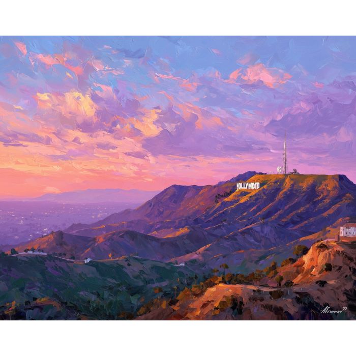 Hollywood sign, Los Angeles hills, pastel sunset sky, peach and lavender clouds, LA landmark, iconic hillside letters, California cityscape, palette-knife hills, Hollywood skyline, film capital symbol, warm sunset glow, green hillside landscape, Southern California view, sunset Hollywood, marquee-style landmark, cultural icon USA, LA evening sky, rolling hills scene, cinematic skyline, California landmark