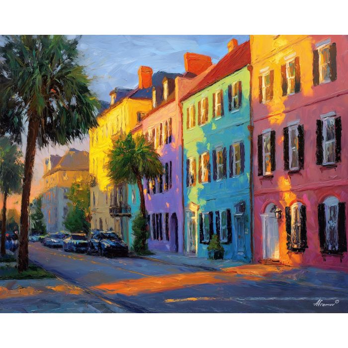Rainbow Row, Charleston houses, pastel facades, historic townhouses, South Carolina street, sunrise light, palm-framed architecture, palette-knife pastel walls, coastal Southern city, early morning glow, colorful row homes, charming street USA, soft shadow palms, seaside historic district, warm pastel tones, classic Charleston scene, Lowcountry architecture, historic coastal homes, bright facades, Southern charm painting