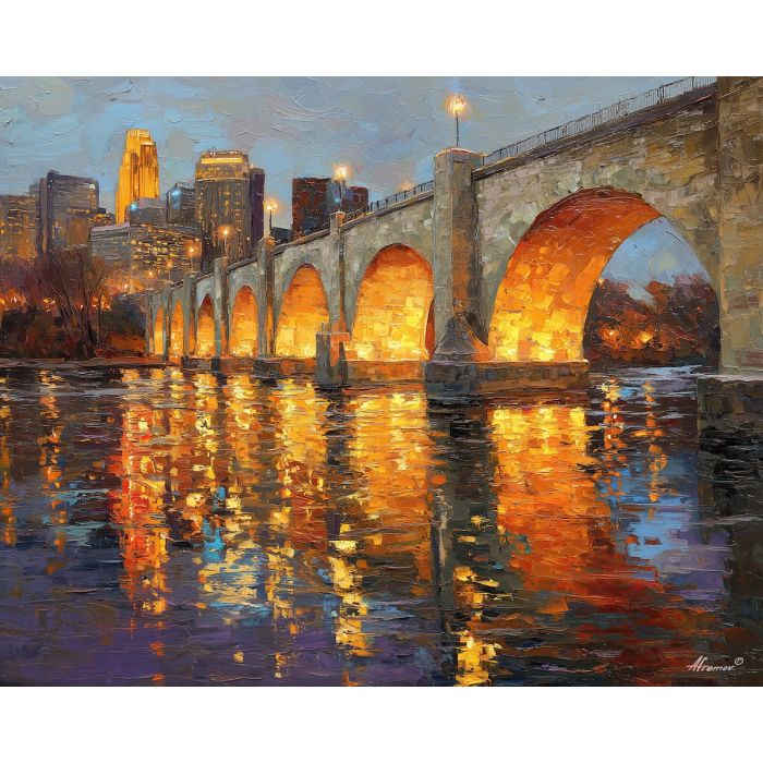Stone Arch Bridge, Minneapolis skyline, Mississippi River reflections, golden bridge lights, night city river, Minnesota landmark, palette-knife water, illuminated arches, urban riverfront USA, cool blue sky, historic bridge scene, night architecture, shimmering reflections, midwestern cityscape, stone bridge structure, warm light on arches, city night glow, iconic Minneapolis view, river lights painting, downtown skyline