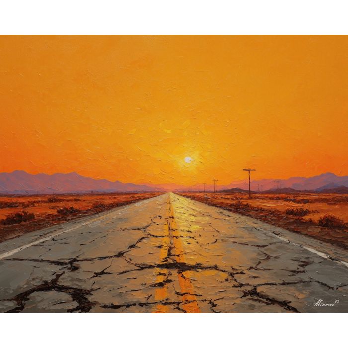 Route 66, desert highway, dusty road, classic American road, cracked asphalt, yellow-orange sky, vintage USA route, endless horizon, Southwest road trip, palette-knife pavement, sun-baked landscape, open road scene, iconic highway USA, retro travel vibe, desert plains, straight road perspective, warm sky glow, American West journey, lonely highway, nostalgic landscape