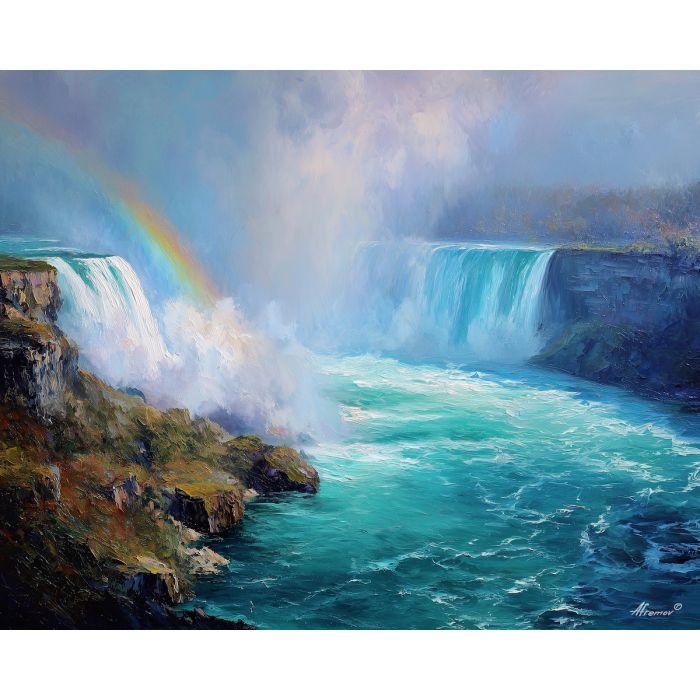 Niagara Falls, powerful waterfall, turquoise river, misty cascades, rainbow spray, iconic falls USA, white water plunge, border landmark, palette-knife water, roaring falls, blue-green river, misty veil, famous waterfall view, natural wonder North America, cascading water, rainbow mist, strong vertical falls, scenic river gorge, bright waterfall colors, falls landscape painting