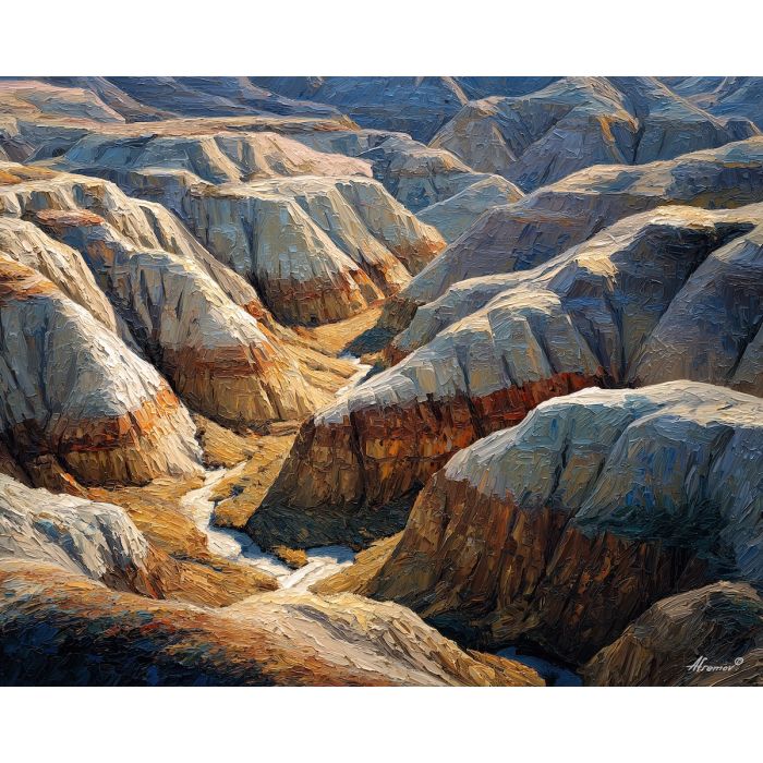 Badlands ravines, striped earth tones, gray and rust hills, South Dakota landscape, eroded terrain, desert formations USA, warm low sun, long shadows canyon, palette-knife earth texture, layered badland hills, arid landscape, rugged ravine shapes, national park view, painted desert ridges, striated rock layers, Western plains scene, dry canyonland, subtle color bands, wild American landscape, sculpted hills