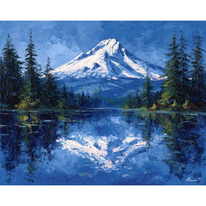 Mount Hood, alpine lake reflection, Oregon mountain scene, snow-capped peak, deep blue water, evergreen forest, Pacific Northwest landscape, palette-knife reflection, crisp white summit, calm lake surface, mirrored mountain view, green pines shoreline, scenic Oregon, tranquil mountain water, high peak USA, reflective landscape, mountain and lake, cool color palette, serene wilderness scene, blue sky mountain