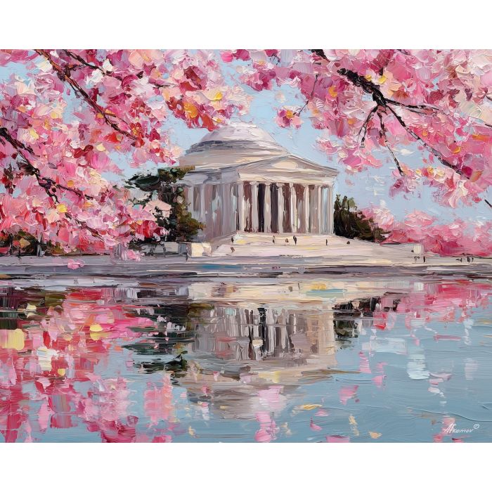 Washington DC cherry blossoms, Jefferson Memorial, Tidal Basin reflections, spring bloom USA, pink petals water, national monument spring, DC landscape, palette-knife blossoms, iconic USA landmark, soft pink trees, historical architecture USA, reflective water scene, American spring scenery, cherry bloom festival, pastel water reflections, Washington skyline, blossoming trees USA, springtime DC, floral landmark, pink trees art