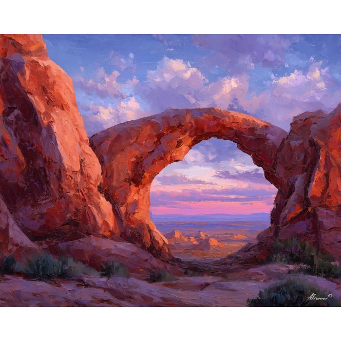 Arches National Park, red sandstone arch, desert window, evening sky glow, pink and violet horizon, Utah desert scene, iconic rock arch, Southwest landscape, palette-knife rock form, warm sunset colors, desert silhouettes, natural stone window, glowing archway, red rock Utah, scenic rocky vista, sandstone landmark, open desert view, twilight desert tones, arch framing sky, American Southwest art