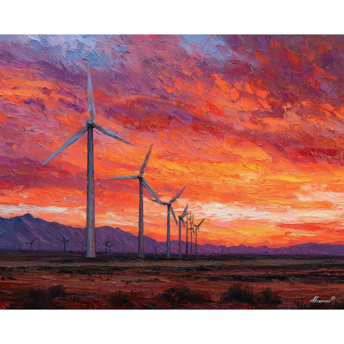 Mojave Desert wind farm, wind turbines sunset, orange and crimson sky, renewable landscape USA, desert energy scene, spinning blades, California desert, palette-knife sky, silhouetted turbines, colorful twilight, open desert field, modern landscape, technology in desert, Western horizon glow, wind power field, warm sunset colors, arid plain USA, sky gradient, clean energy symbol, desert sunset art