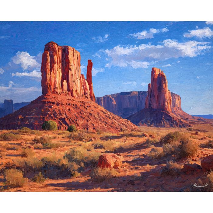 Monument Valley, red sandstone buttes, desert monoliths, orange rock formations, Navajo landscape, Southwest desert, blue sky canyonland, iconic West USA, palette-knife rock, open desert plain, towering mesas, Utah Arizona border, warm desert tones, red rock valley, American West scenery, sandstone monoliths, classic Western view, arid landscape, bright sky desert, iconic USA desert