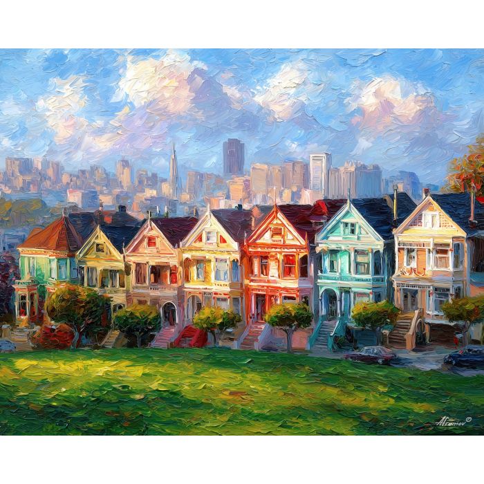 Painted Ladies SF, Victorian houses, San Francisco skyline, green hill park, pastel evening sky, Alamo Square view, iconic row houses, palette-knife facades, colorful architecture USA, urban hillside scene, skyline backdrop, bay city landmark, classic SF postcard view, soft sunset colors, historic homes California, city and homes contrast, charming street row, West Coast skyline, pastel house colors, urban park scene