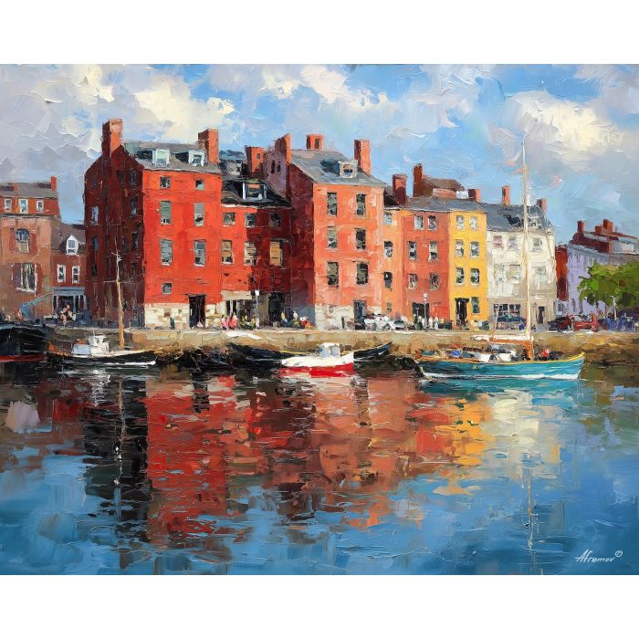 Boston harbor, red brick warehouses, New England waterfront, boats in blue water, historic dockfront, Massachusetts coastal scene, palette-knife harbor, brick facades, gently bobbing boats, harbor reflections USA, seaport cityscape, old warehouses, maritime district, cool sky tones, Atlantic waterfront, historic harbor view, East Coast architecture, blue harbor water, Boston skyline edge, nautical city art