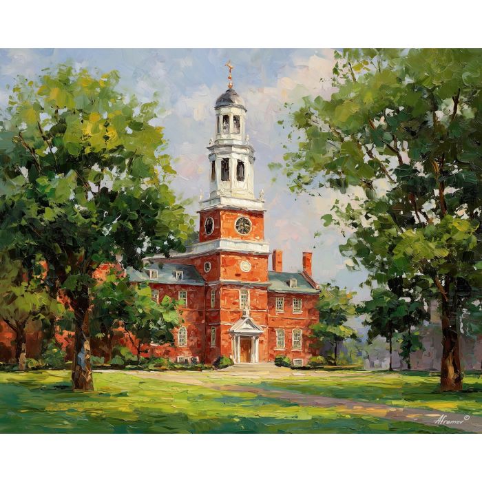 Independence Hall, Philadelphia landmark, red brick building, American history site, founding era architecture, colonial hall USA, green lawn, heritage trees, palette-knife bricks, soft blue sky, historic square, Liberty Bell area, Old City Philly, national heritage site, classic American building, warm brick tones, historic district Pennsylvania, early US landmark, civic architecture USA, historic hall painting