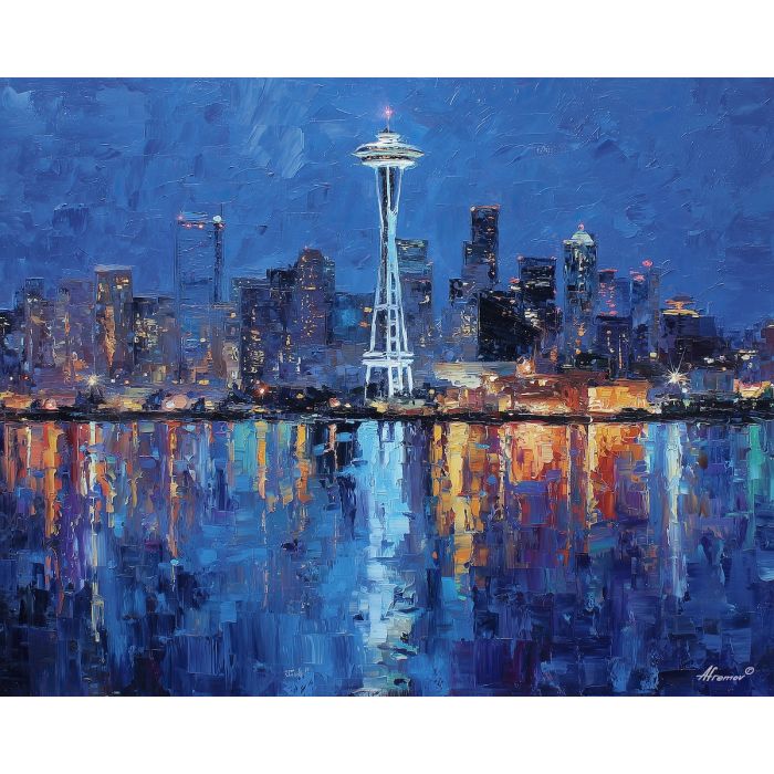 Seattle skyline, Space Needle twilight, Puget Sound reflections, cool blue sky, Washington cityscape, glowing waterfront USA, urban dusk light, palette-knife city, Seattle icon, evening skyline colors, blue hour Seattle, tall tower USA, shimmering water, Pacific Northwest view, twilight city lights, reflective water USA, iconic American skyline, dusk Seattle scene, modern landmark USA, coastal skyline