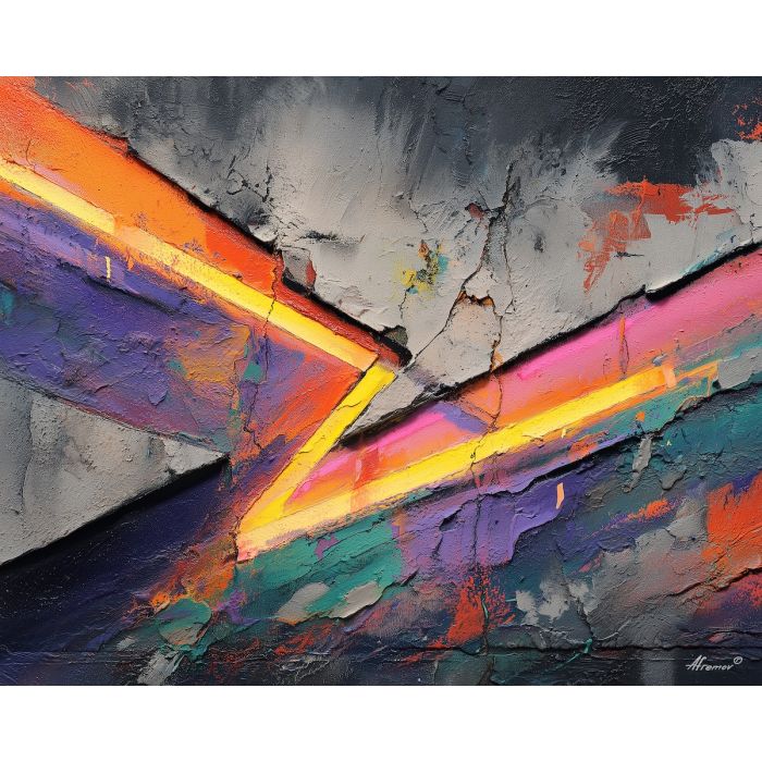 angular graffiti lines, sharp neon edges, bold street mural, rough wall texture, cutting spray strokes