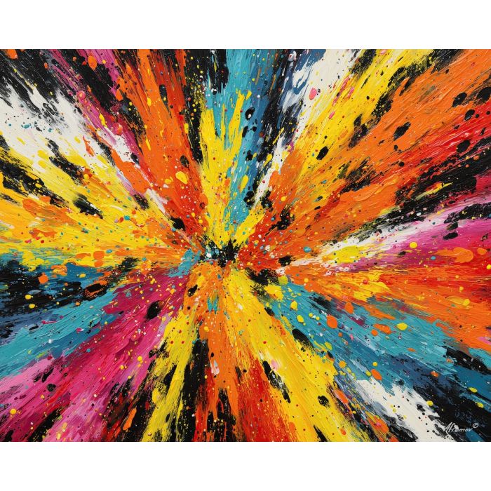 color pop graffiti, explosive spray art, central burst mural, bright angled sprays, dynamic graffiti explosion