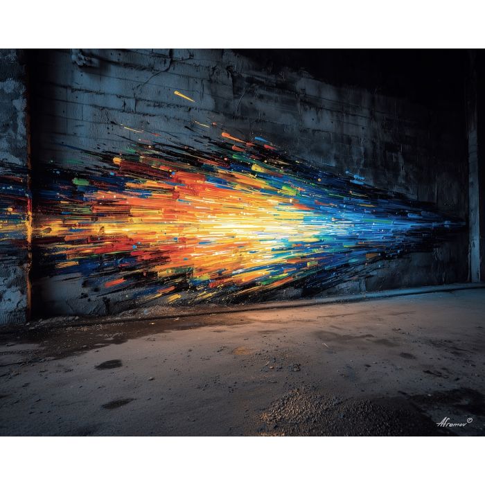 graffiti painting, neon spray art, concrete wall texture, street art colors, bright urban style, dripping paint, bold graffiti strokes, high contrast wall art, modern street style, neon art design, urban mural energy, spray paint impression, palette knife graffiti, abstract graffiti shapes, bright wall explosion