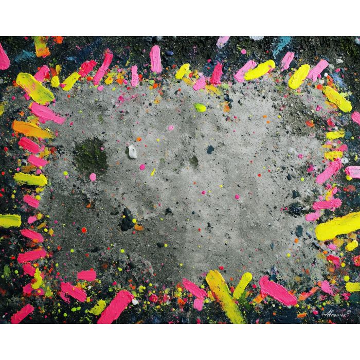 neon graffiti field, scattered spray shapes, bright mural art, rough concrete texture, random graffiti pattern