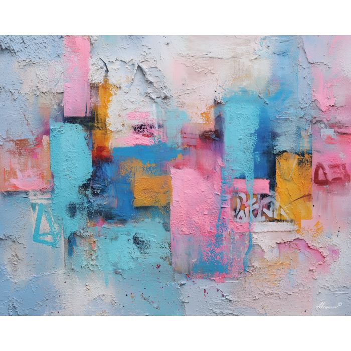 graffiti tags art, pastel spray paint, soft street art, urban fading wall, blue pink graffiti, abstract city wall, layered spray art, gentle graffiti palette, mural style painting