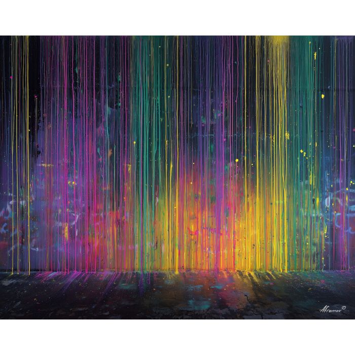 neon drip graffiti, vertical spray drips, colorful street rain, fading graffiti mural, glowing drip lines, modern wall art