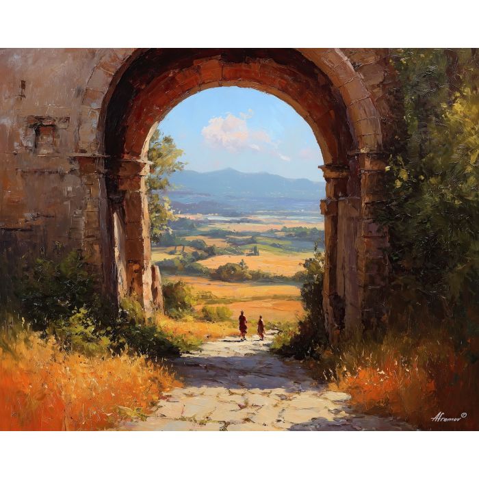 stone arch painting, renaissance travelers, distant hills backdrop, golden sunlight framing, historic walkway art