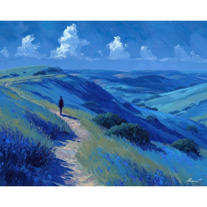 blue hills painting, renaissance cliff path art, distant figure landscape, soft blue tones, classical scenic view