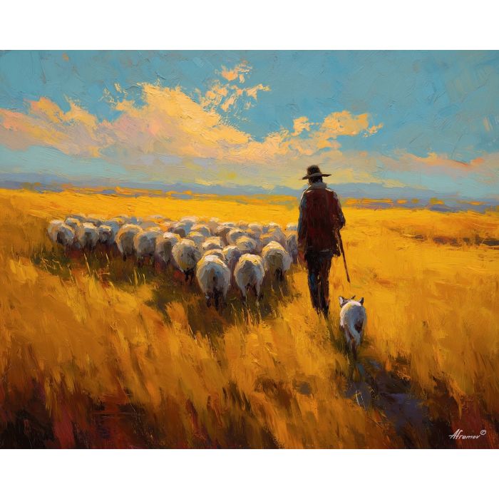 shepherd painting, grassy fields art, renaissance pastoral scene, flock in warm light, countryside harmony
