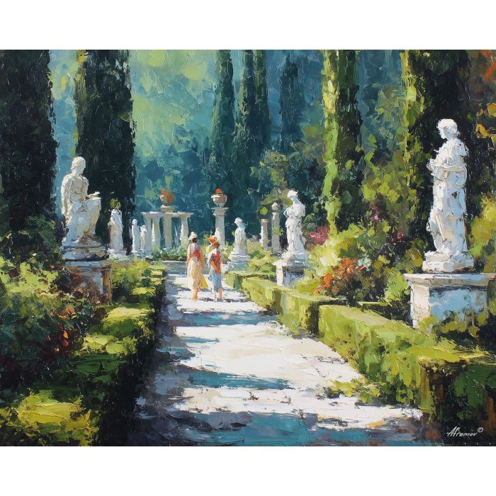 marble statues painting, renaissance garden art, trimmed hedges scene, warm classical lighting, figures in garden, historical garden setting, elegant renaissance landscape, soft sunlight garden art