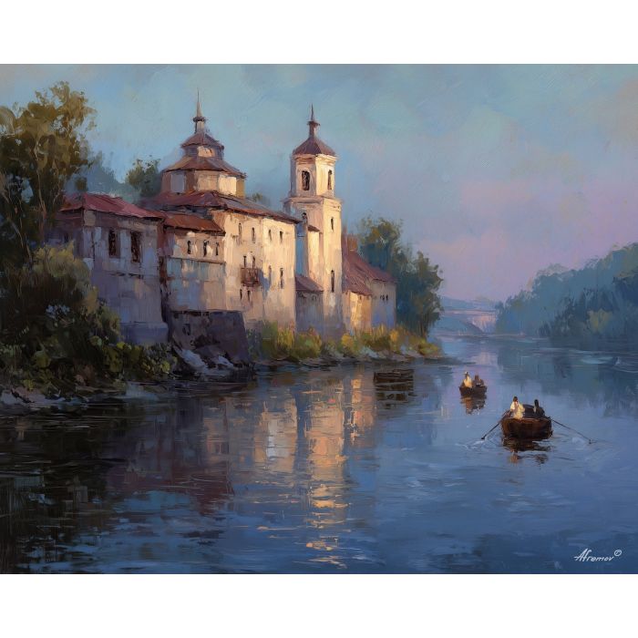 monastery painting, riverside scene, renaissance water landscape, boats in soft light, gentle sunlight painting, classical countryside view