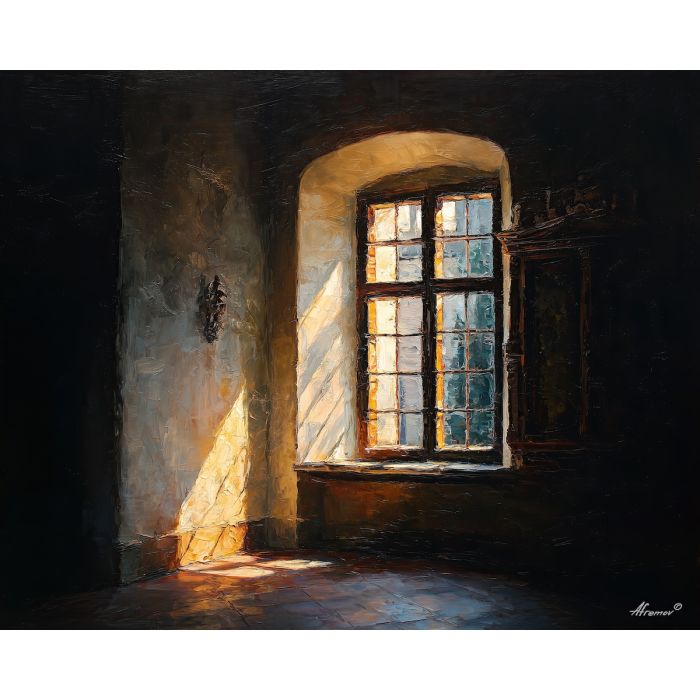 dusk window light, renaissance interior painting, floating dust particles, warm fading light, classical interior atmosphere