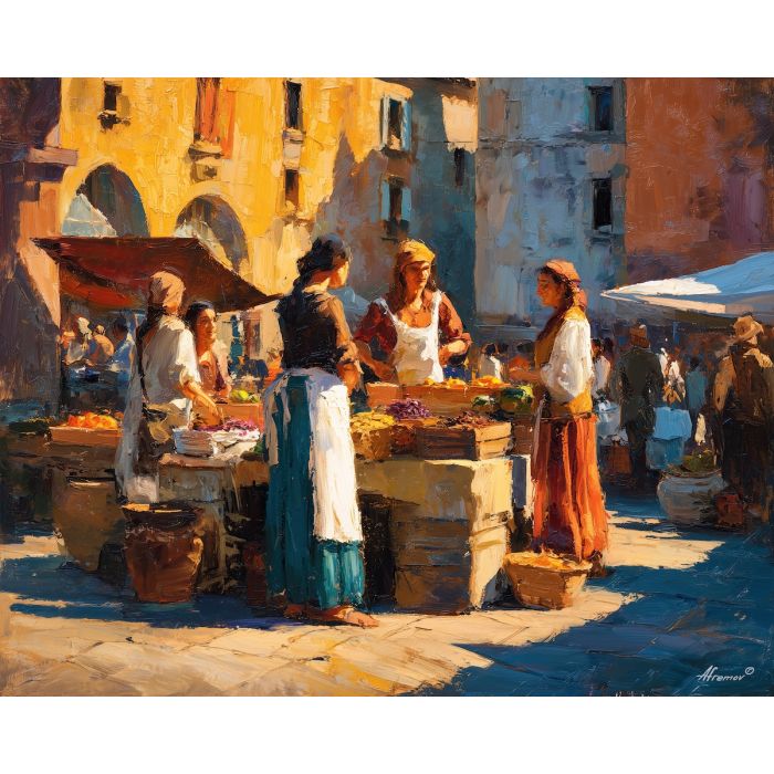 renaissance market, fruit vendor art, pottery stalls painting, bustling square scene, golden warm tones, historical marketplace artwork, soft detailed lighting, fabric textures art
