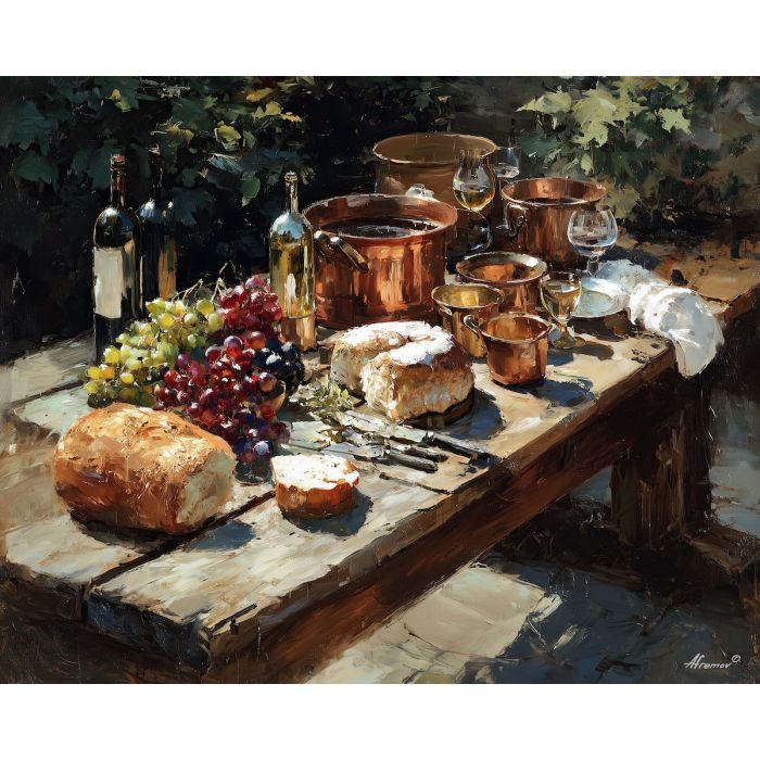 food still life renaissance, bread grapes wine art, copper utensils painting, classical feast scene, warm sunlight still life, table setting art