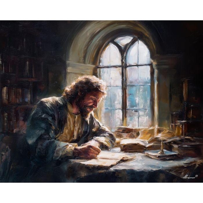 arched window painting, renaissance scholar, old scrolls art, warm window light, interior study scene, soft shadow rendering