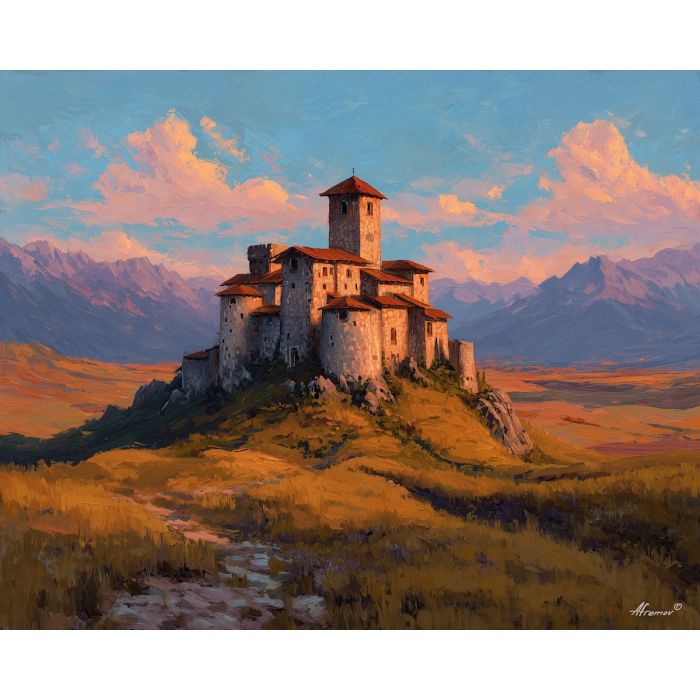 fortress on hill, renaissance countryside, rolling plains painting, glowing sky art, classical architecture landscape