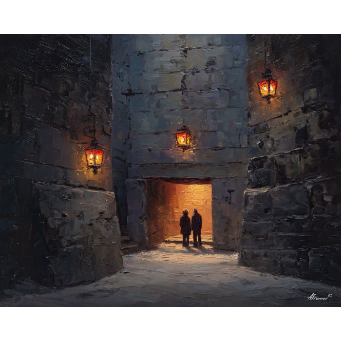 lantern lit interior, carved stone walls, renaissance chamber painting, warm light setting, quiet conversation scene, historical interior art