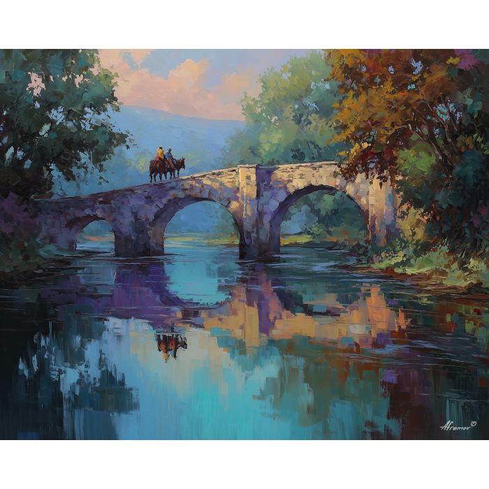 stone bridge painting, renaissance travelers, calm water reflection, classical landscape art, warm interplay of light