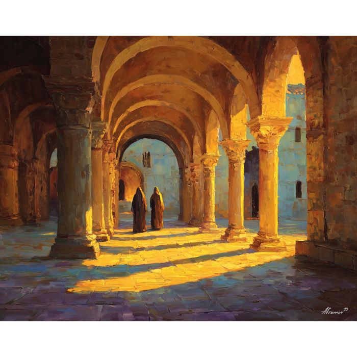 renaissance courtyard, stone arches art, warm sunlight painting, flowing robes scene, golden atmosphere, classical architecture, historic courtyard, soft light artwork, renaissance inspired style, archway composition, historical figures art, warm tone palette, building columns painting, classic heritage art