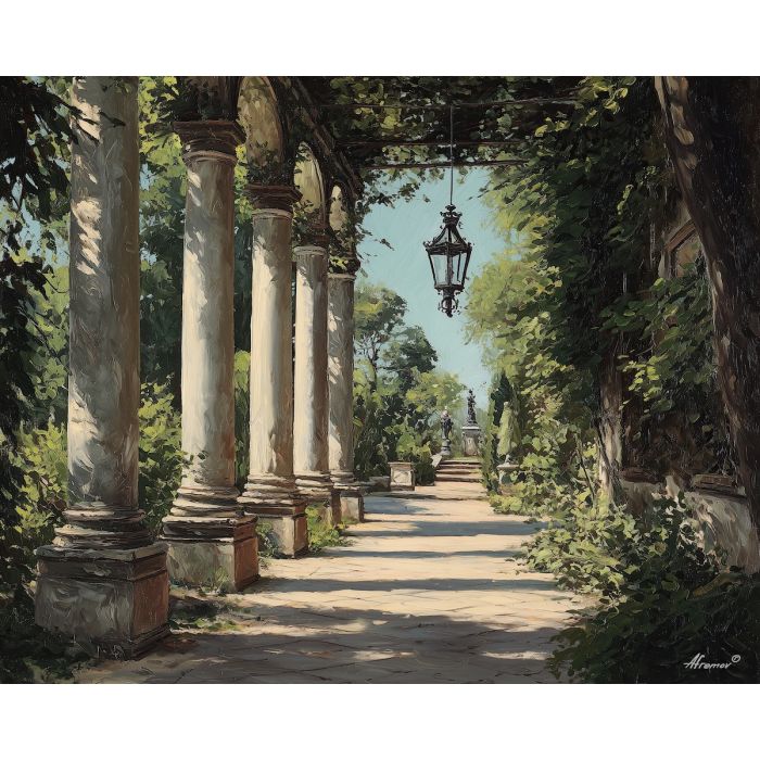 palace columns painting, sunlit walkway, renaissance garden view, classical architecture scene, warm palace corridor