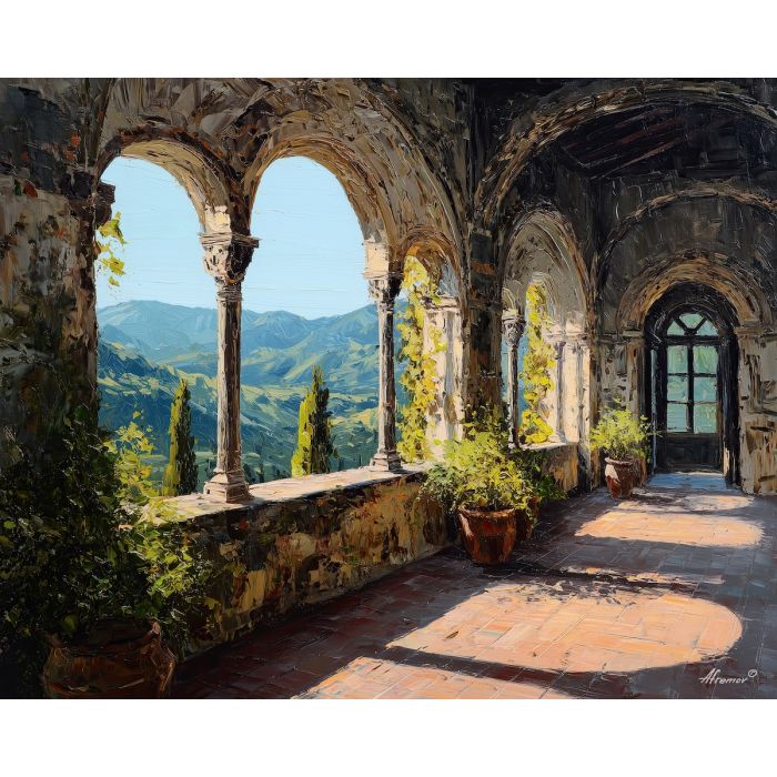 loggia painting, carved arches art, renaissance view, glowing hills landscape, classical architecture lighting