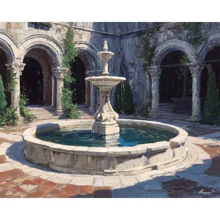 marble fountain painting, renaissance courtyard art, carved stone details, classical water feature, warm architectural scene