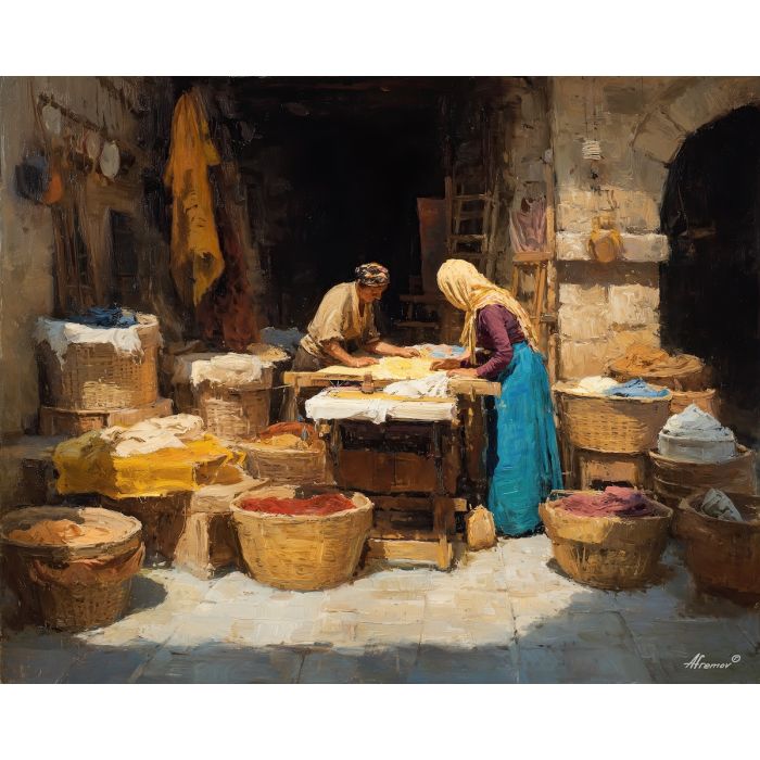 cloth making art, renaissance workshop, loom painting, fabric dye colors, artisanal craft scene, warm interior light