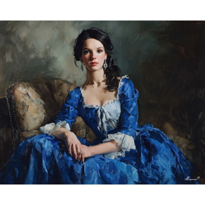 blue silk dress art, renaissance noblewoman, soft diffused light, classical pose portrait, silk texture painting, elegant classical style