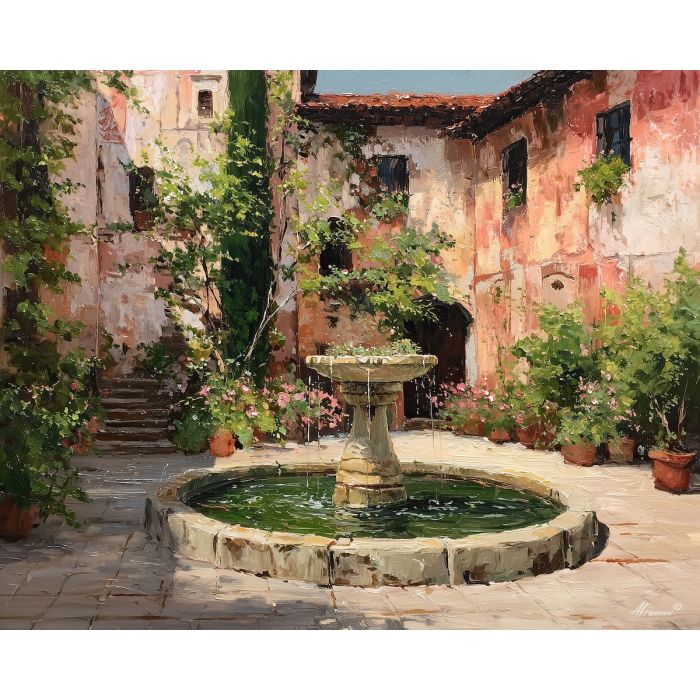 stone fountain painting, renaissance courtyard scene, fresco wall art, gentle water flow, architectural courtyard, warm daylight tones