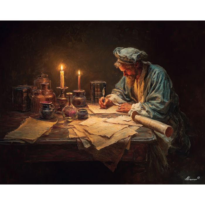 renaissance scholar, candlelit study, ink jars still life, wooden writing desk painting, warm chiaroscuro lighting, classical study room, scholar portrait theme, historic writing scene, candle glow art, soft shadow painting, antique scrolls art