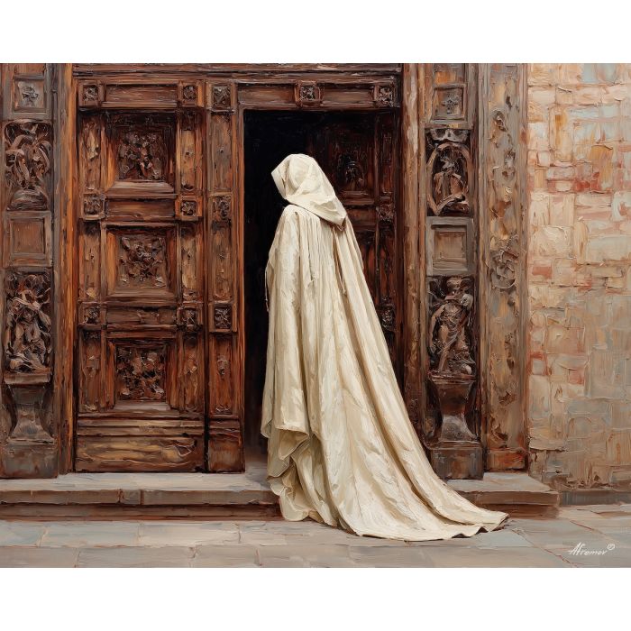 renaissance cloak, ivory robe art, carved wooden door, historical figure scene, flowing garment painting, warm shadows